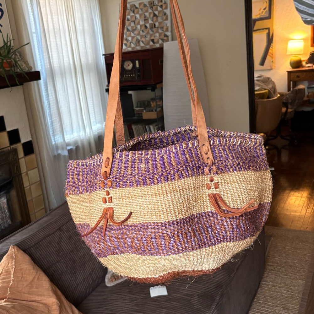 Vintage Striped Woven Sisal Tote Bag with Leather Straps